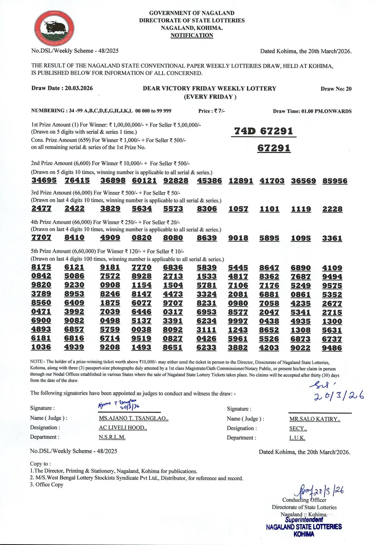 Dear Lottery result 1PM 20.03.2026