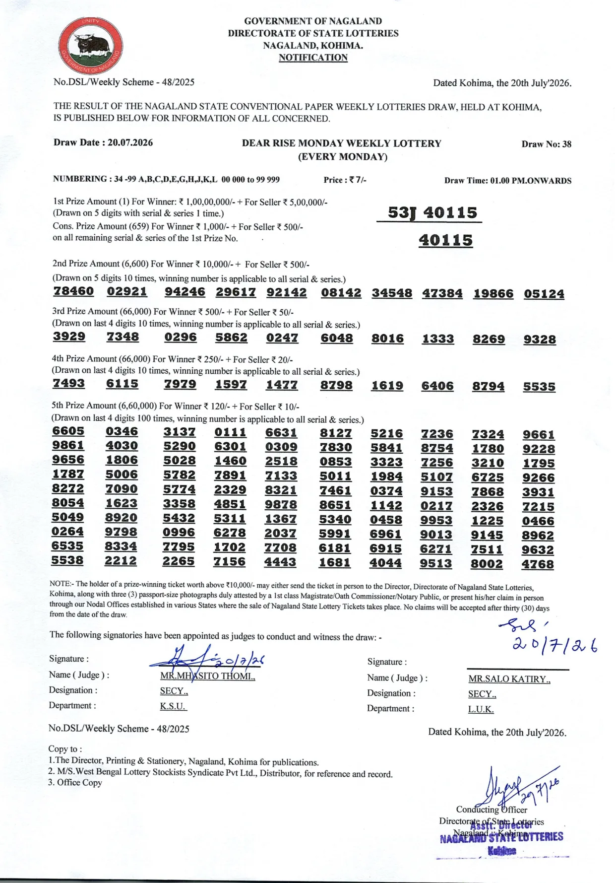 Dear Lottery result 1PM 20.07.2026