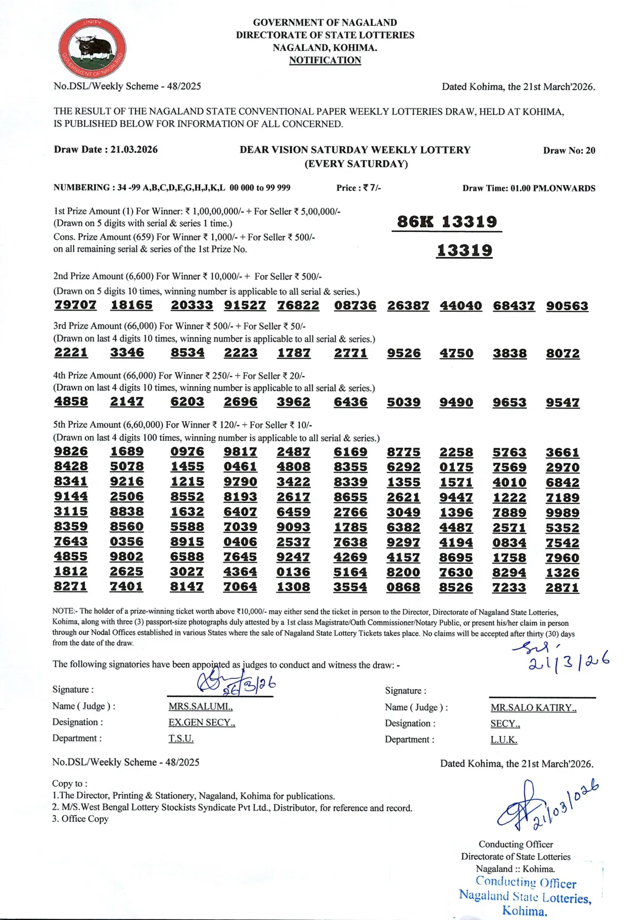 Dear Lottery result 1PM 21.03.2026