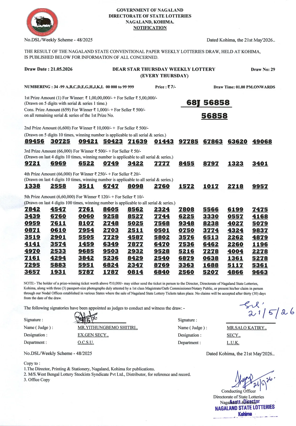 Dear Lottery result 1PM 21.05.2026