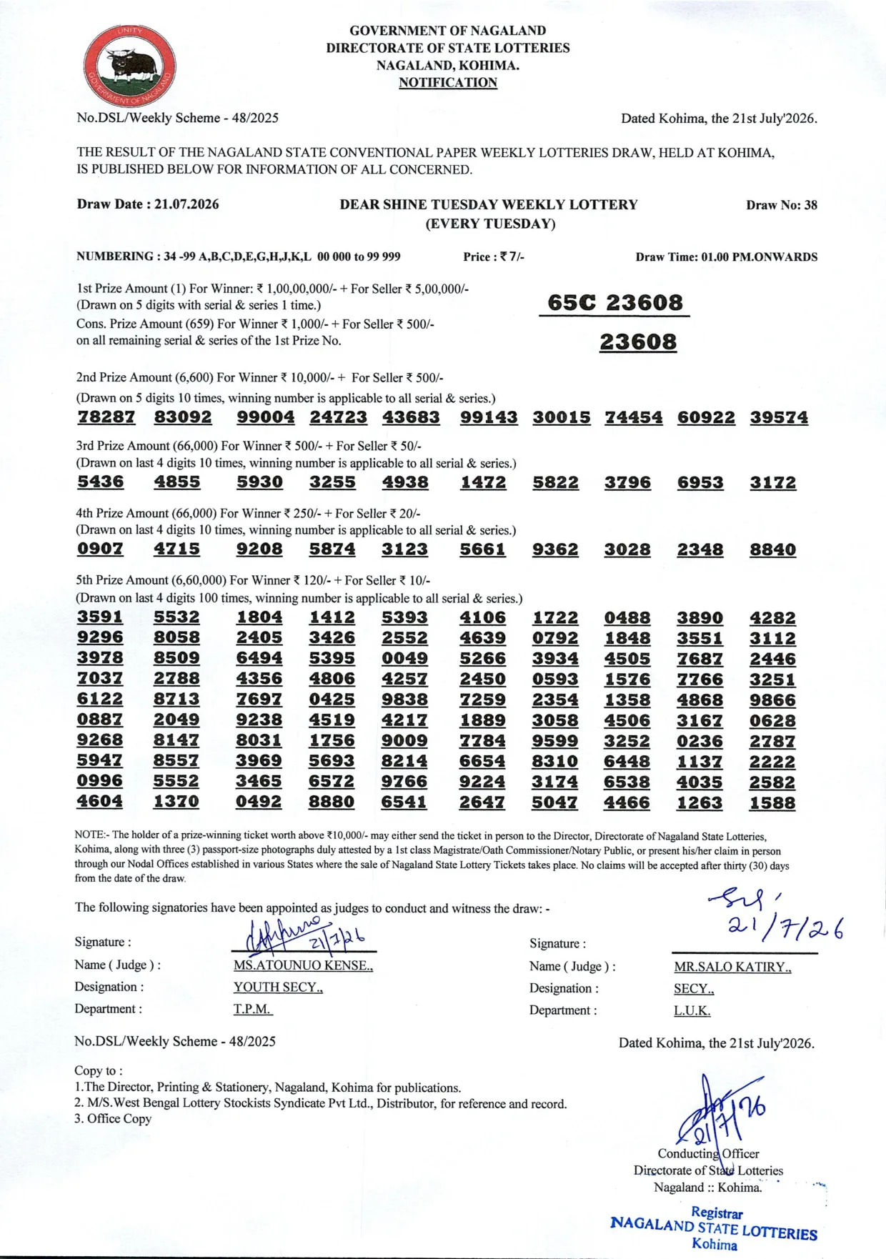 Dear Lottery result 1PM 21.07.2026