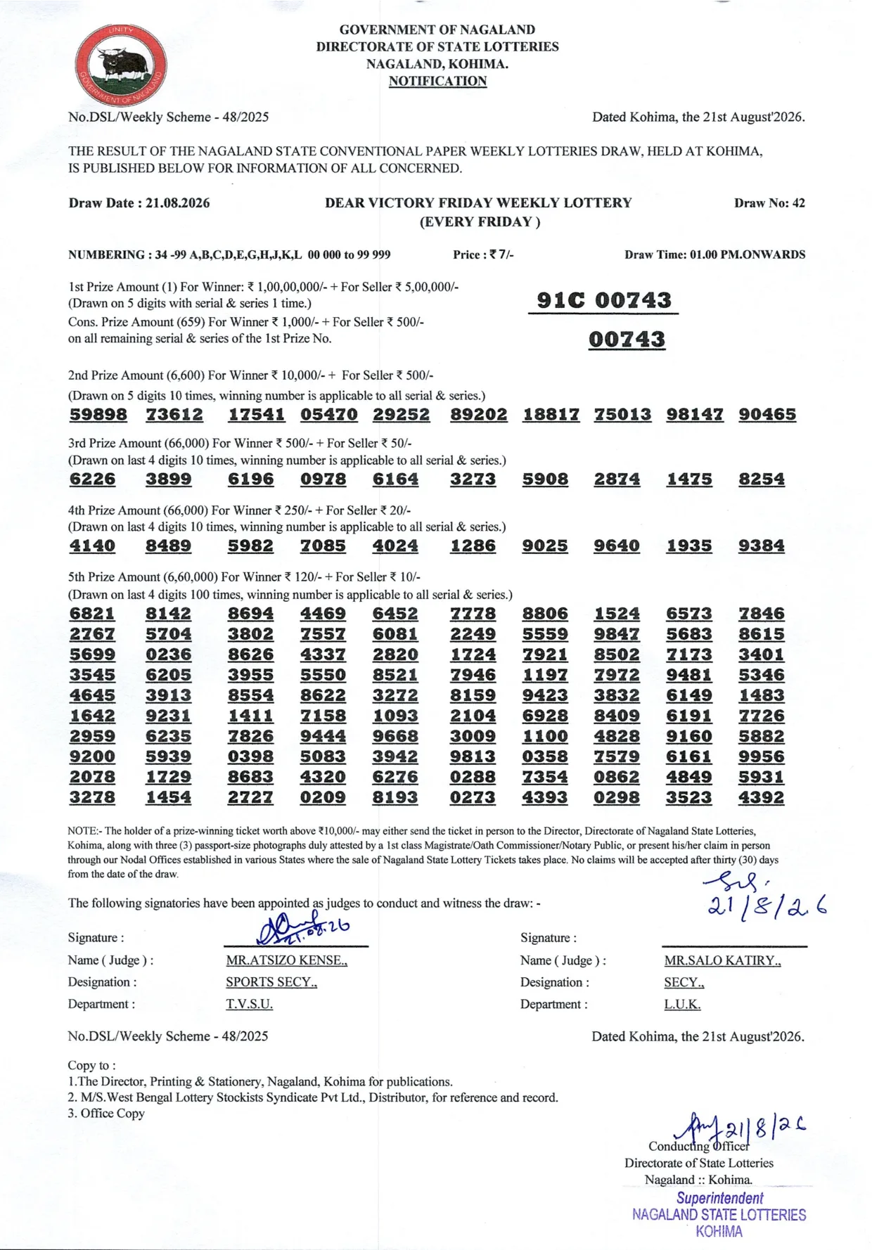 Dear Lottery result 1PM 21.08.2026
