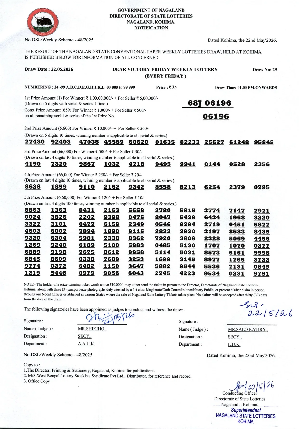 Dear Lottery result 1PM 22.05.2026