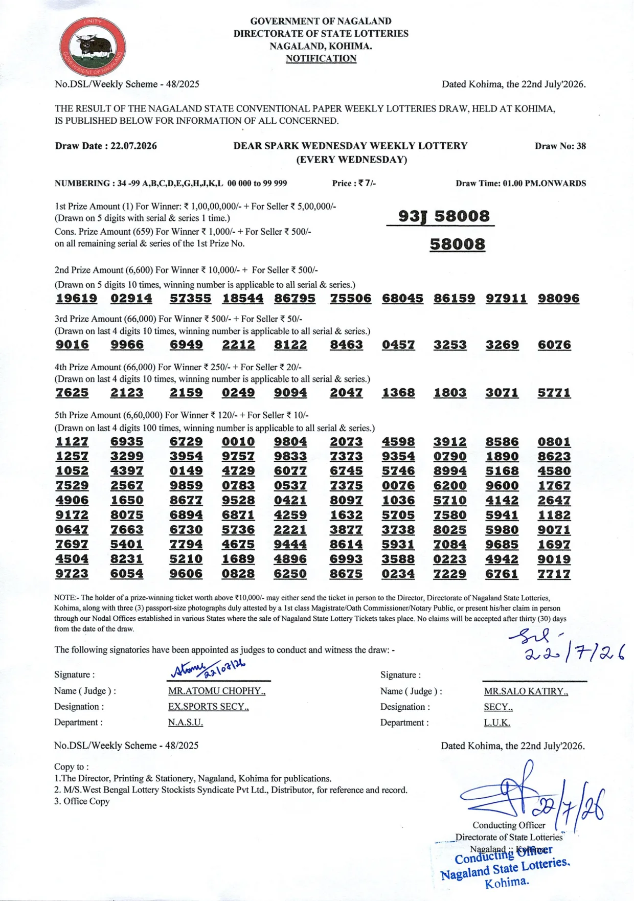 Dear Lottery result 1PM 22.07.2026