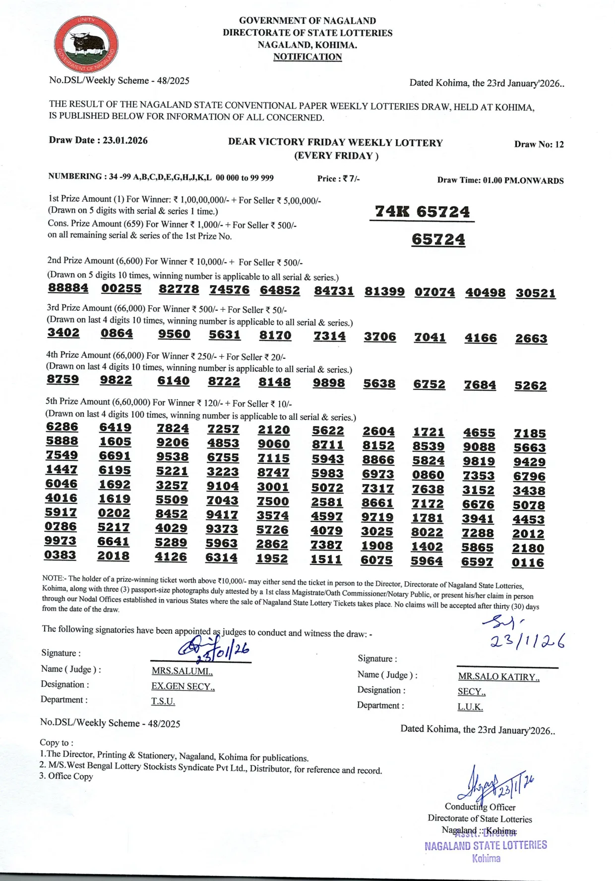 Dear Lottery result 1PM 23.01.2026
