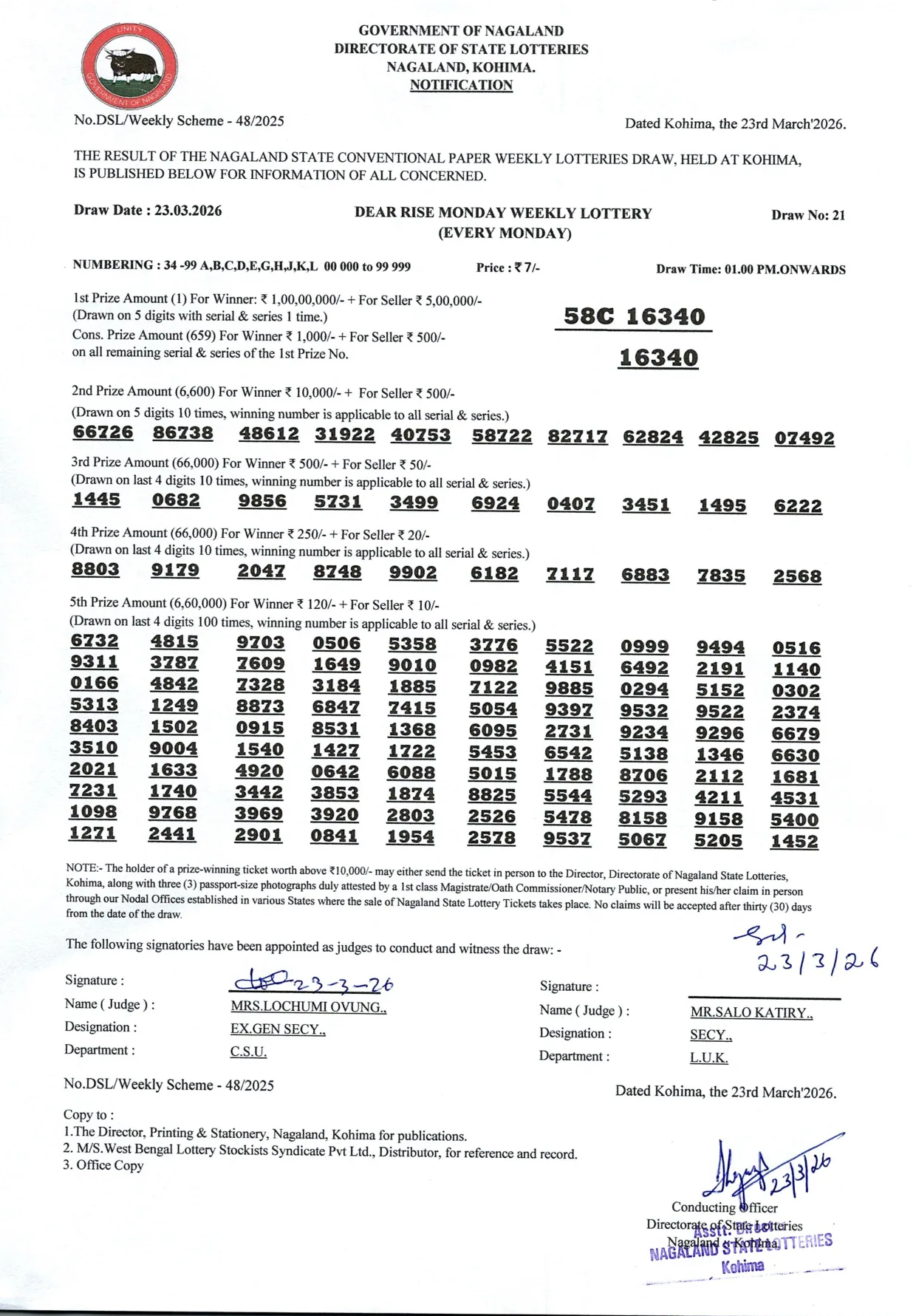 Dear Lottery result 1PM 23.03.2026