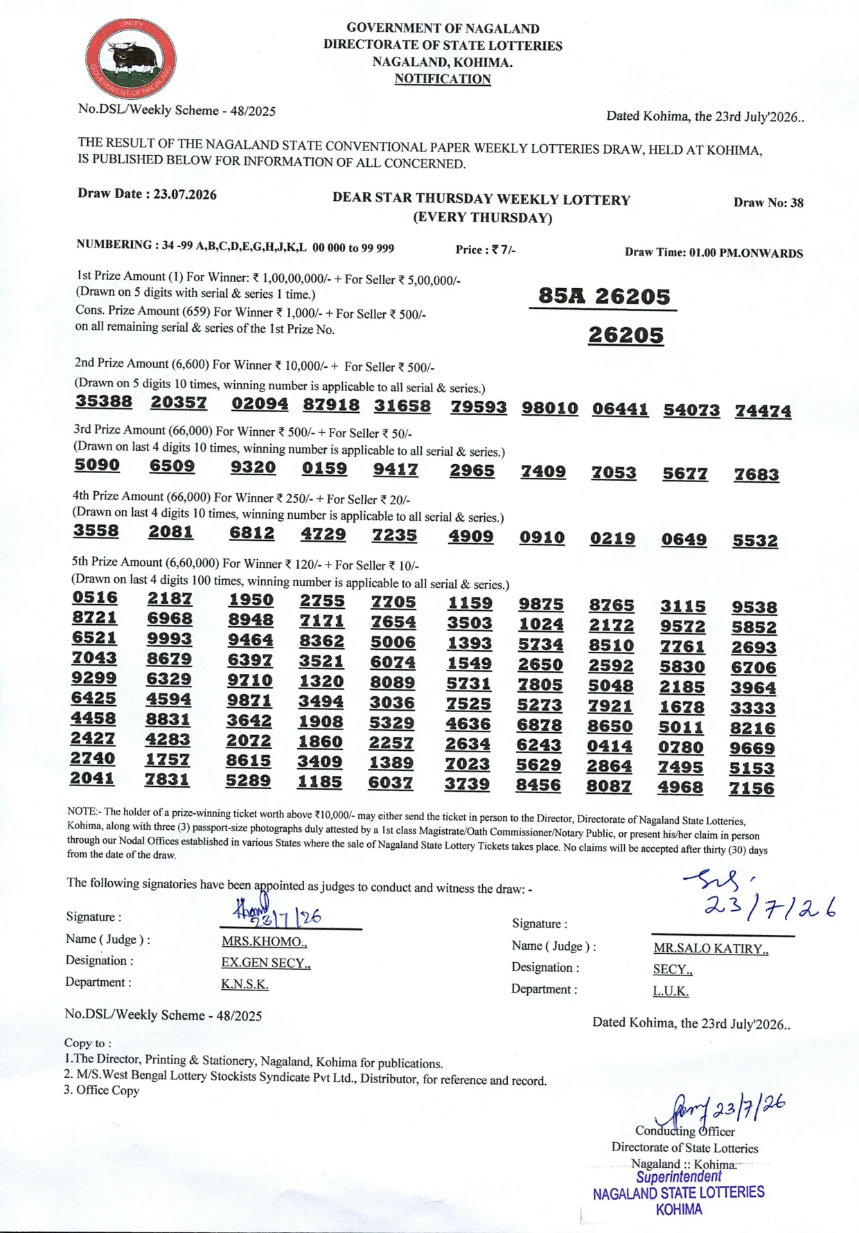 Dear Lottery result 1PM 23.07.2026