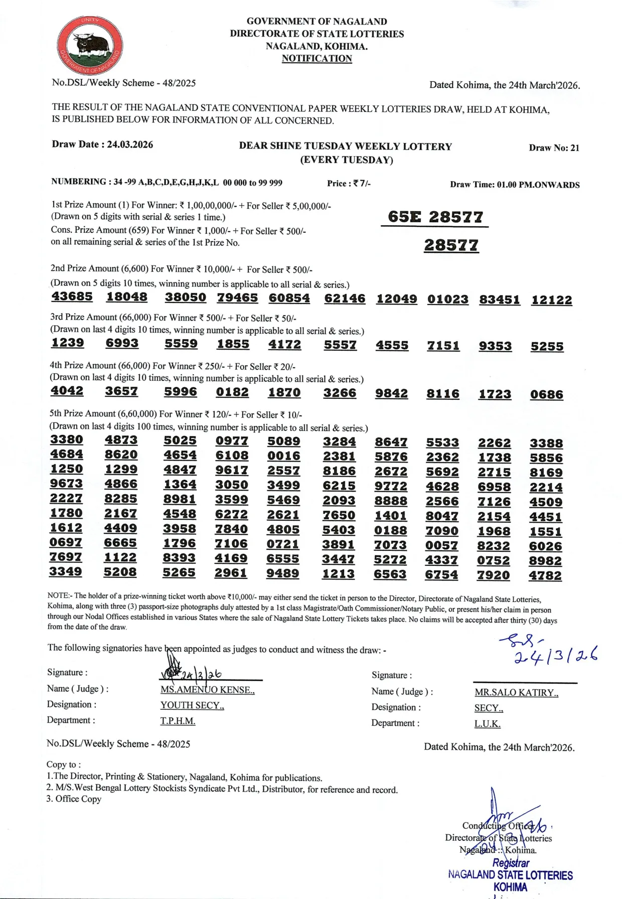 Dear Lottery result 1PM 24.03.2026