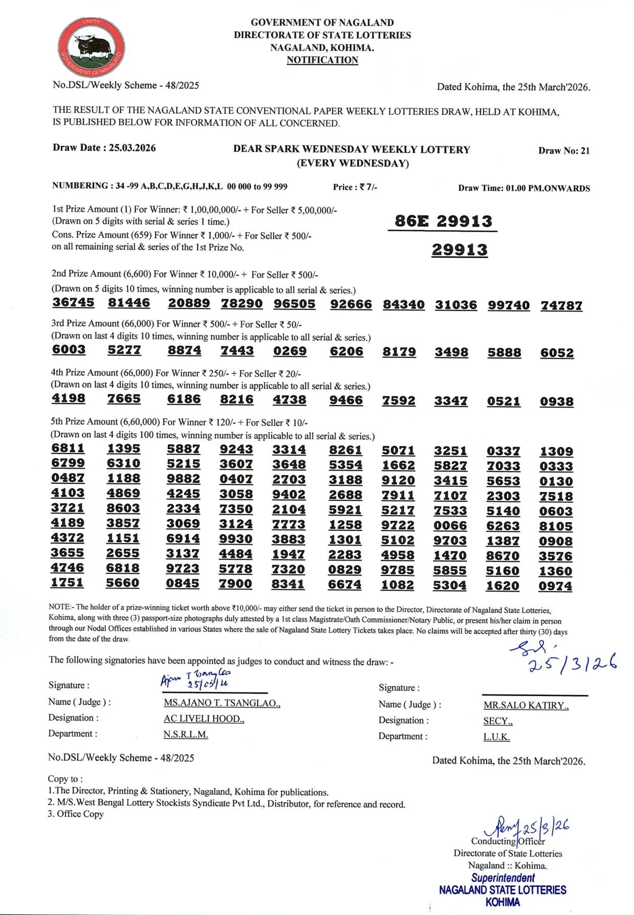 Dear Lottery result 1PM 25.03.2026