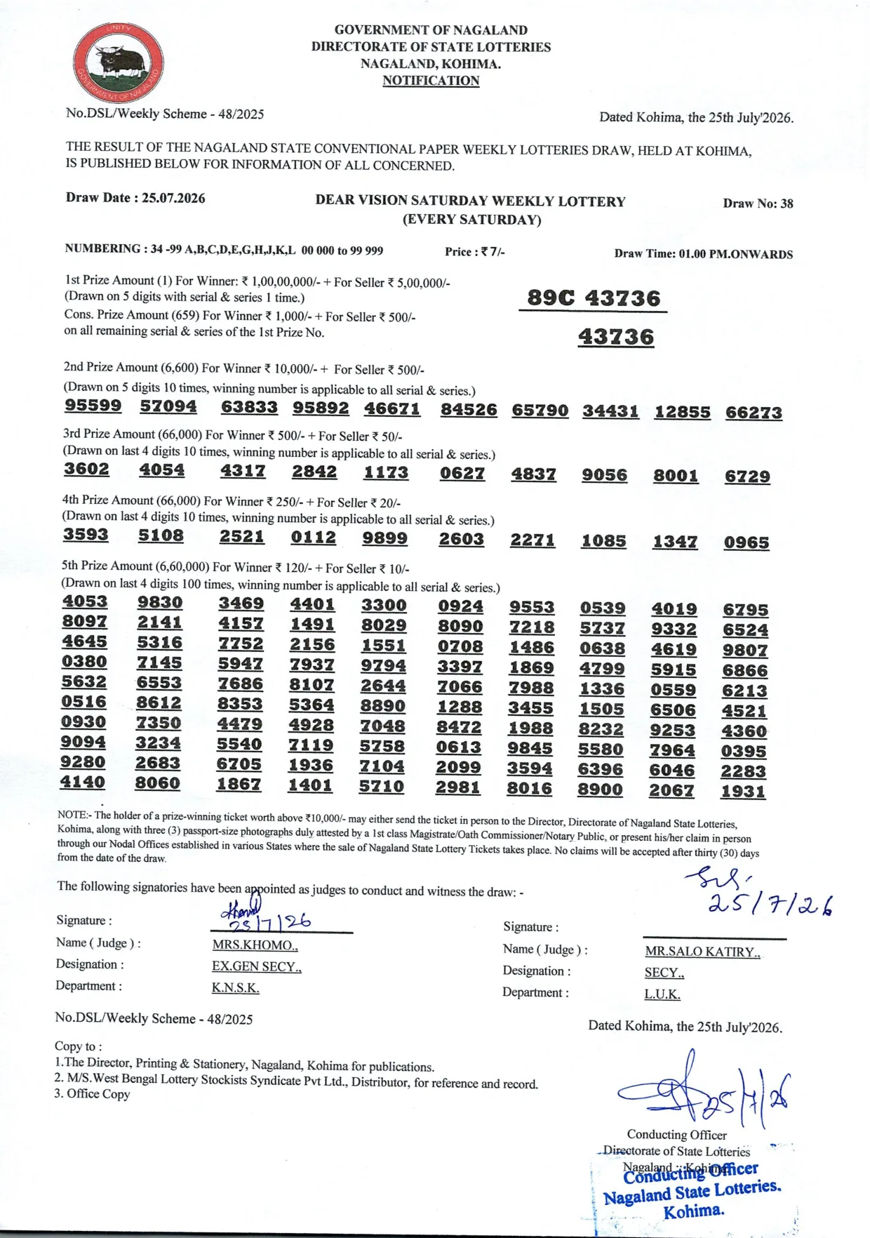 Dear Lottery result 1PM 25.07.2026