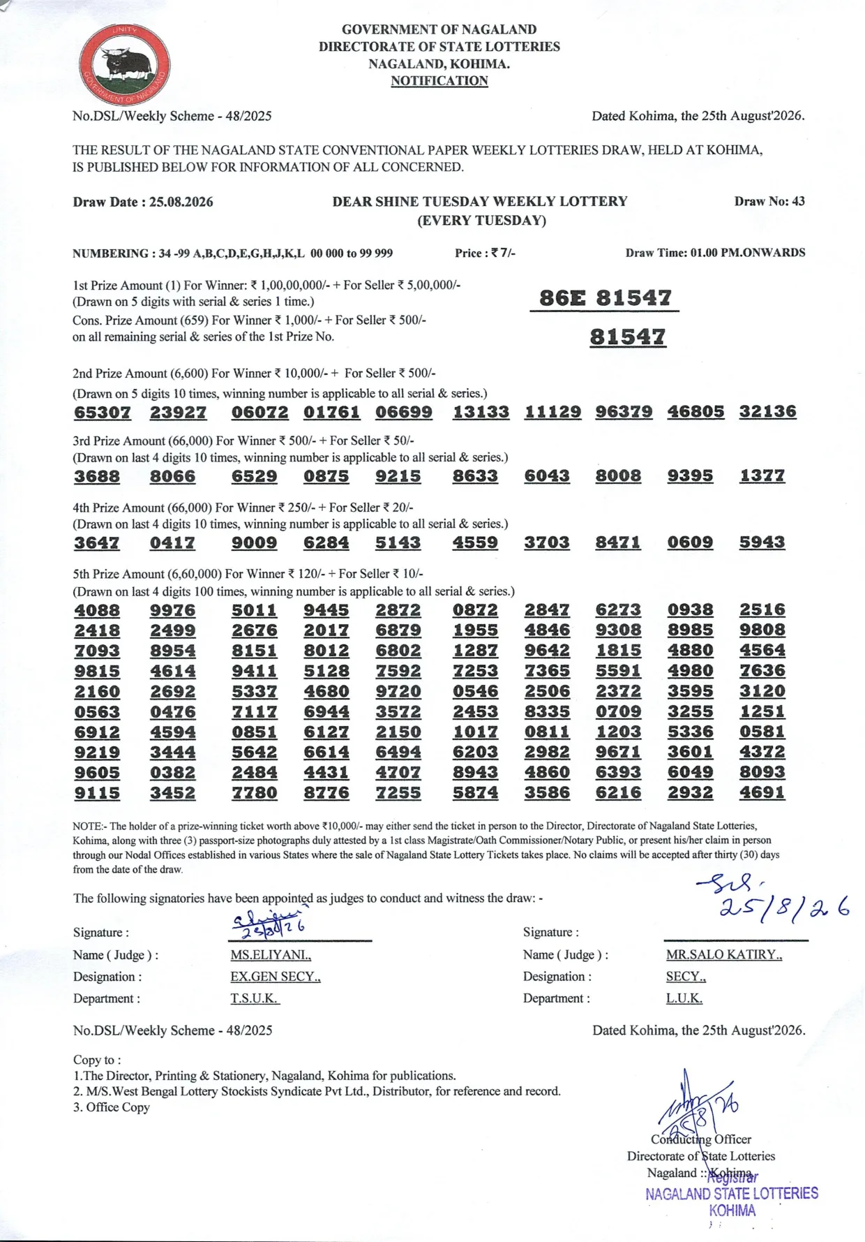 Dear Lottery result 1PM 25.08.2026