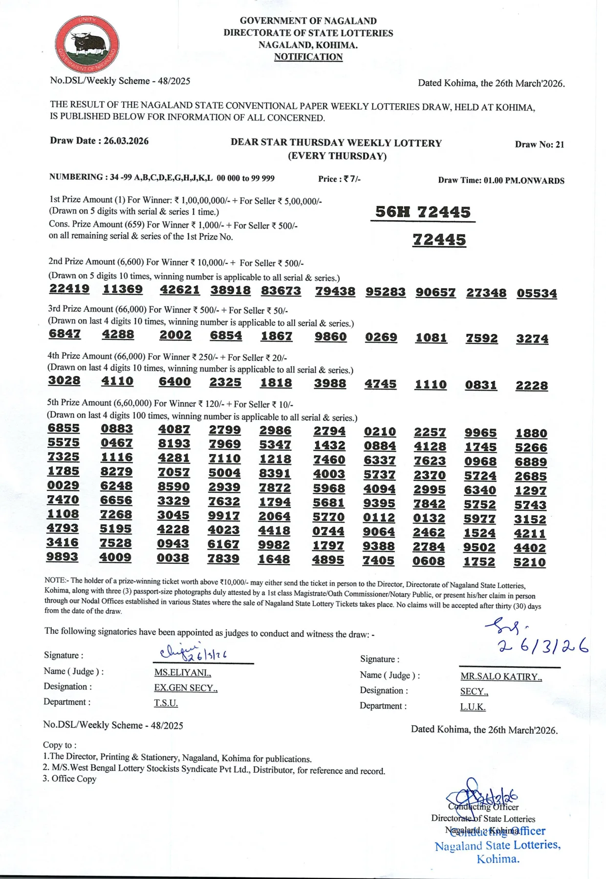 Dear Lottery result 1PM 26.03.2026