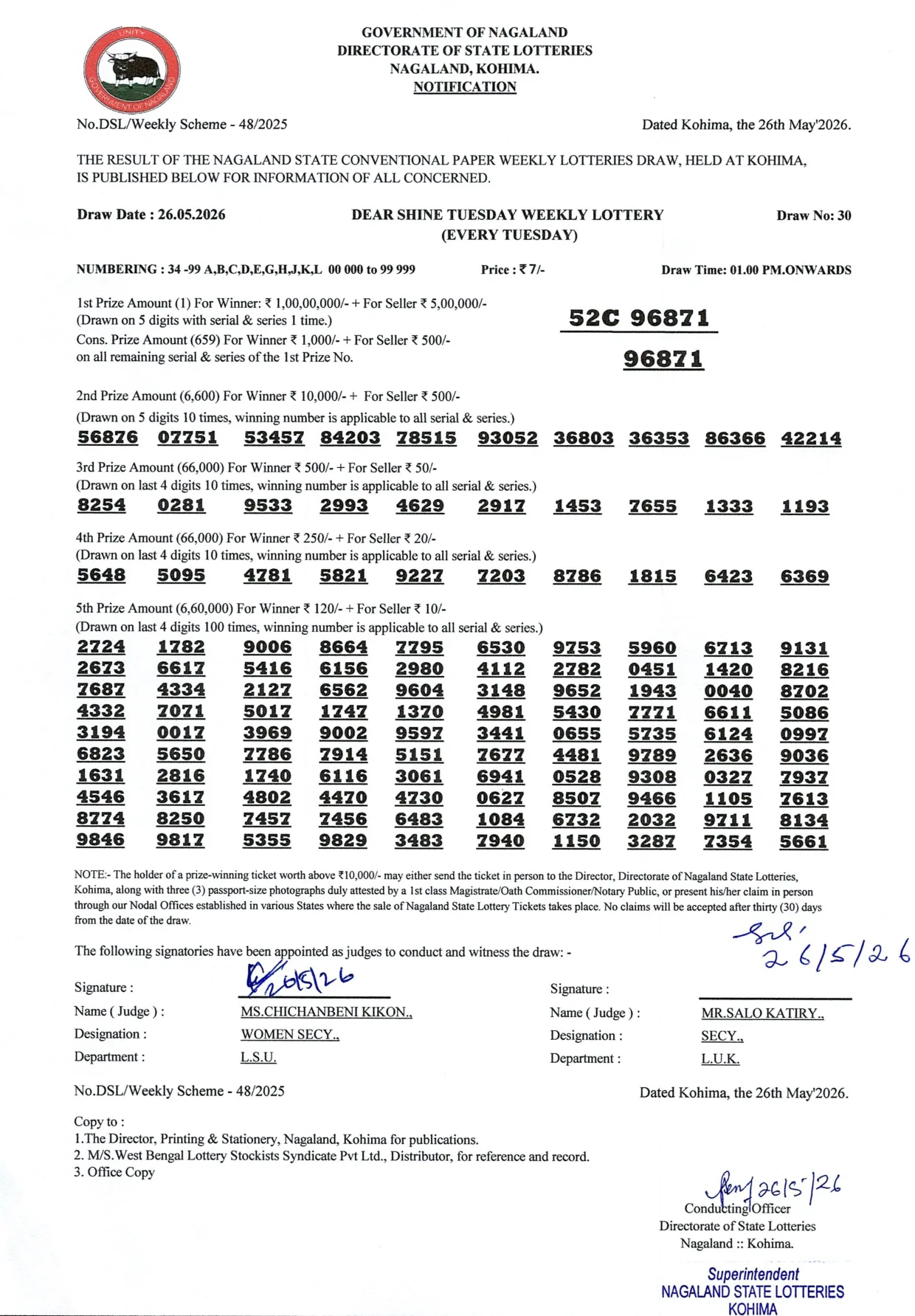 Dear Lottery result 1PM 26.05.2026