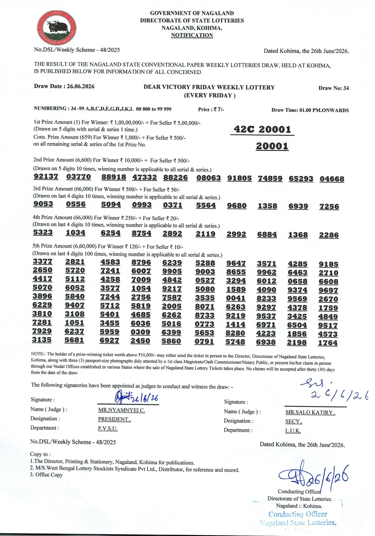 Dear Lottery result 1PM 26.06.2026