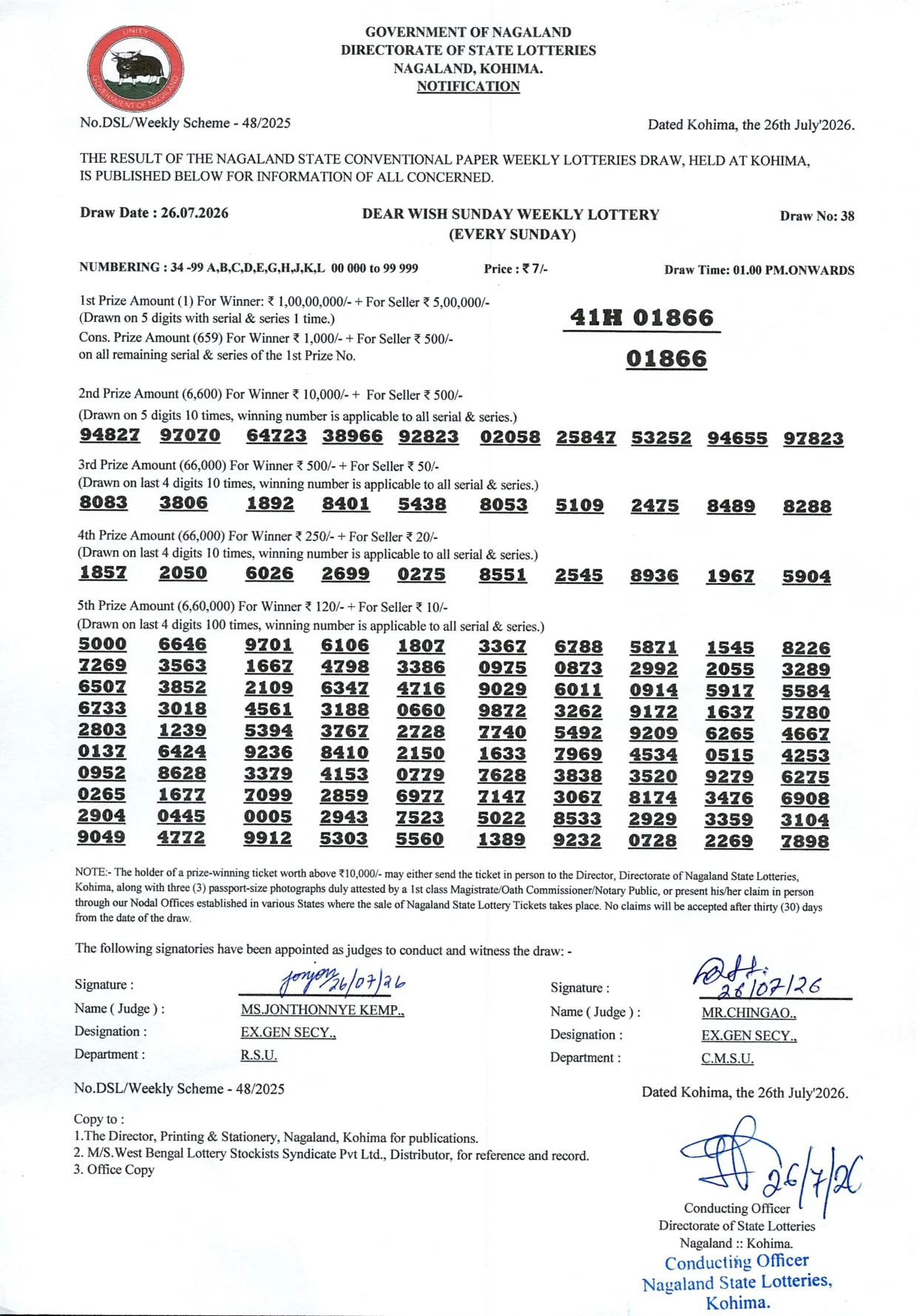 Dear Lottery result 1PM 26.07.2026