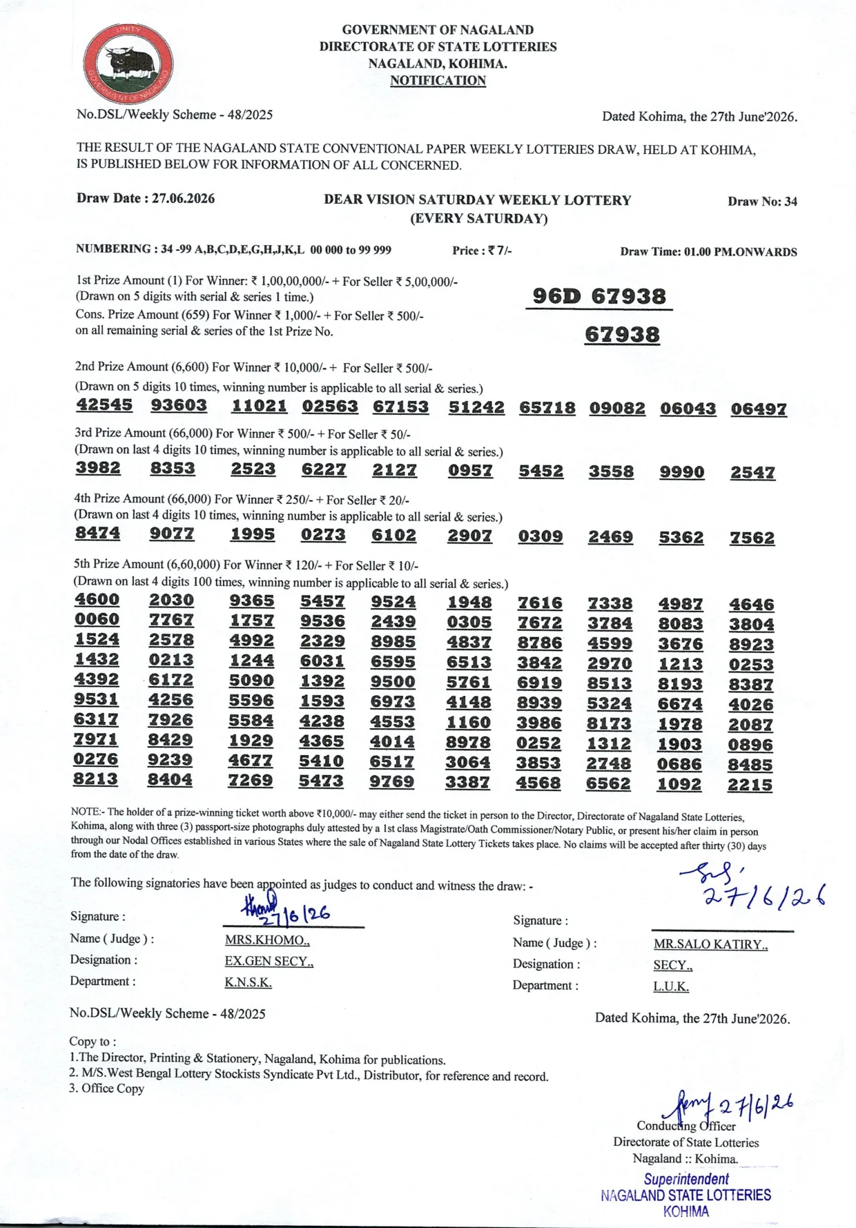 Dear Lottery result 1PM 27.06.2026