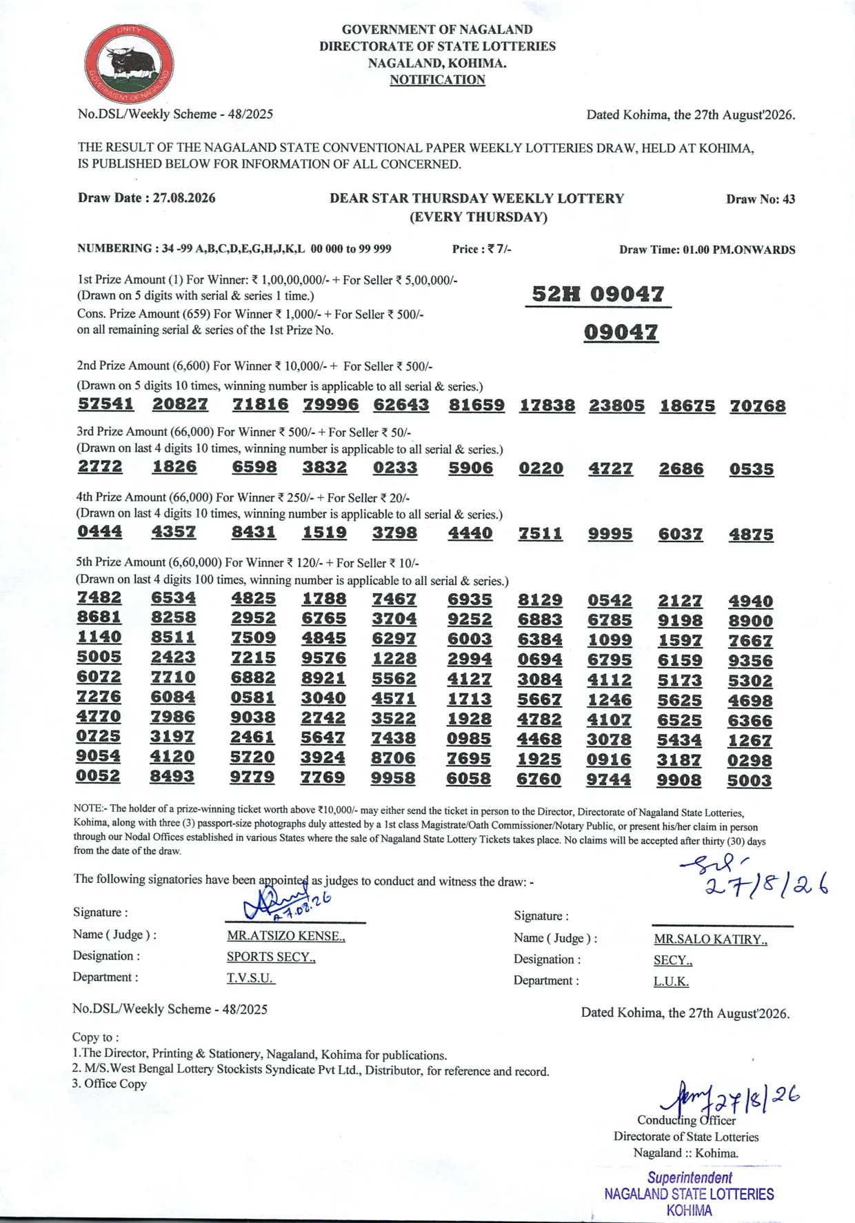 Dear Lottery result 1PM 27.08.2026