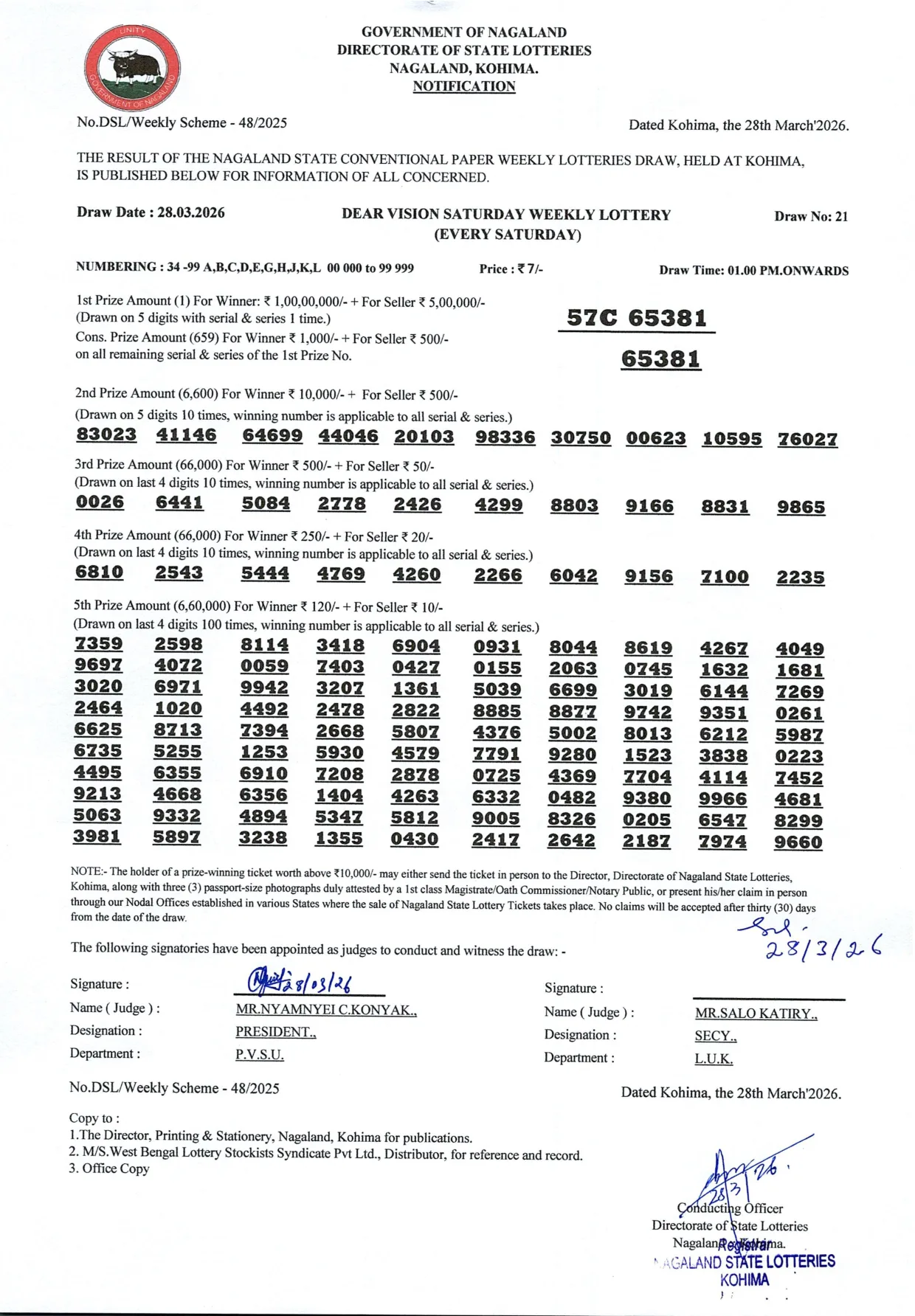 Dear Lottery result 1PM 28.03.2026