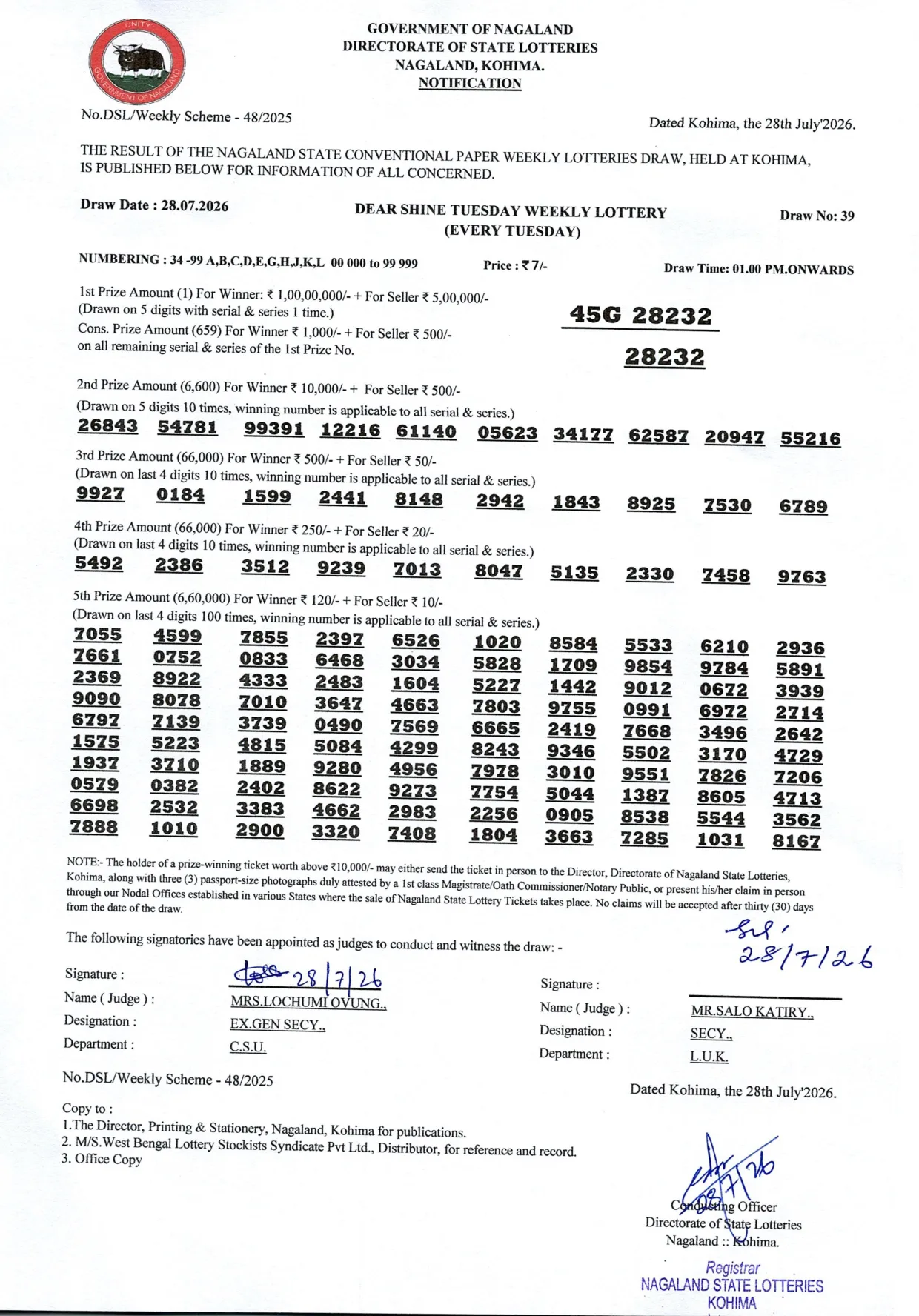 Dear Lottery result 1PM 28.07.2026