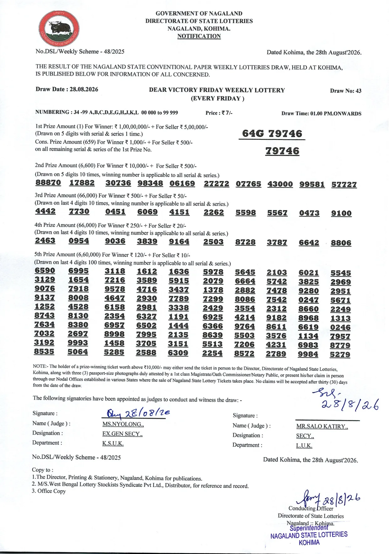 Dear Lottery result 1PM 28.08.2026