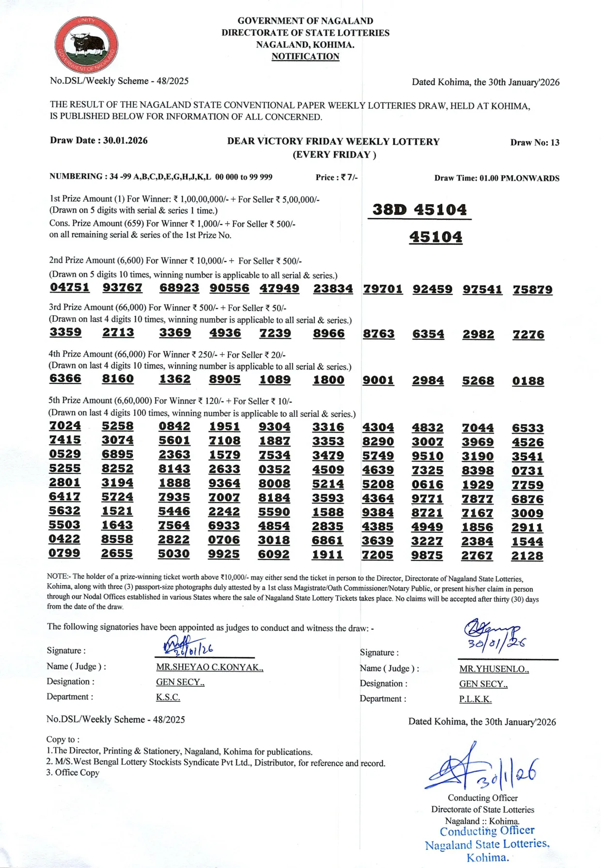 Dear Lottery result 1PM 30.01.2026