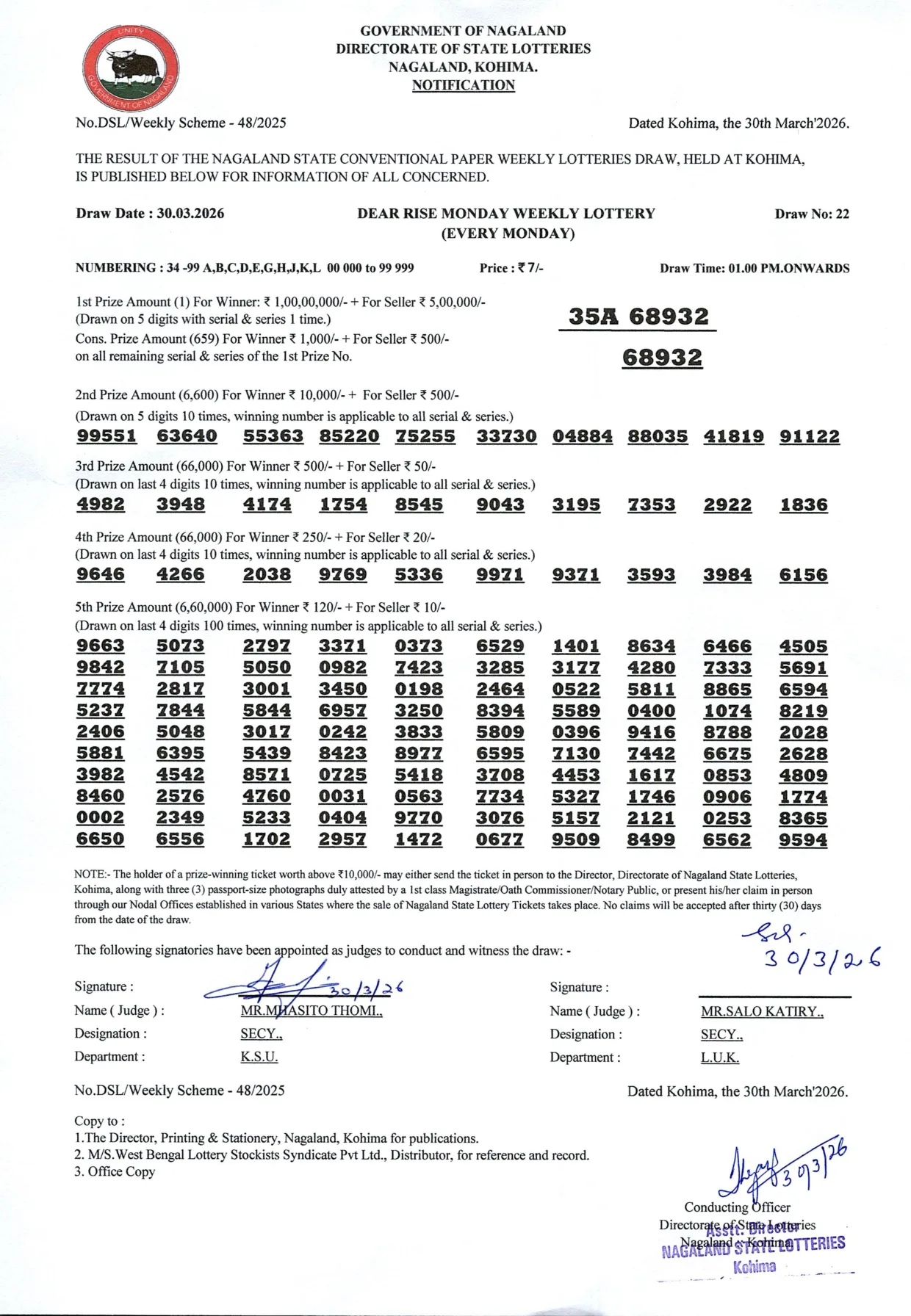 Dear Lottery result 1PM 30.03.2026
