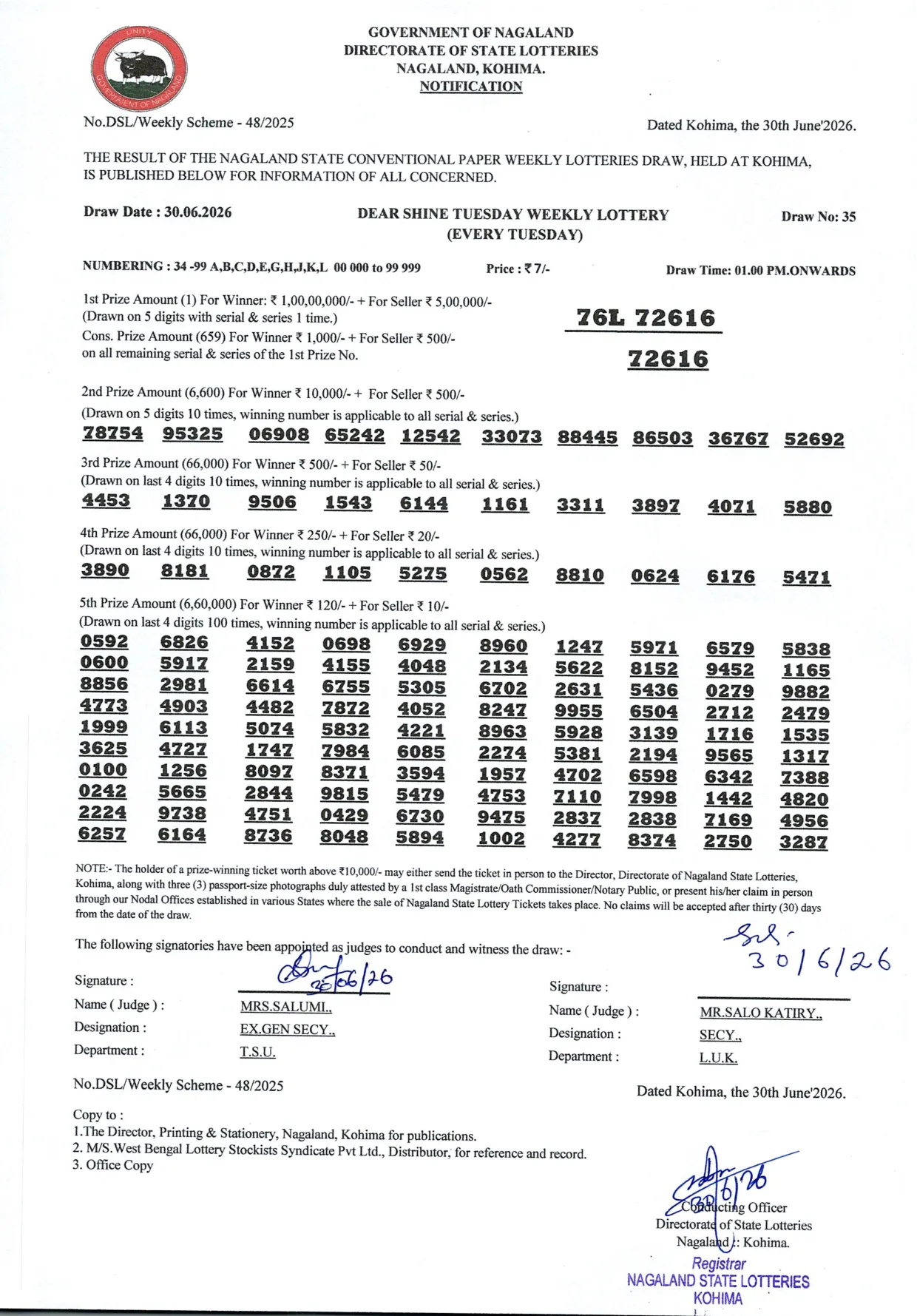 Dear Lottery result 1PM 30.06.2026