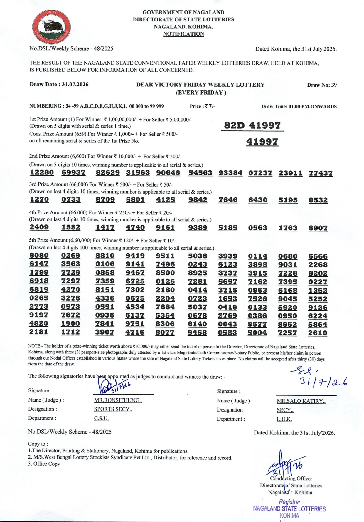 Dear Lottery result 1PM 31.07.2026