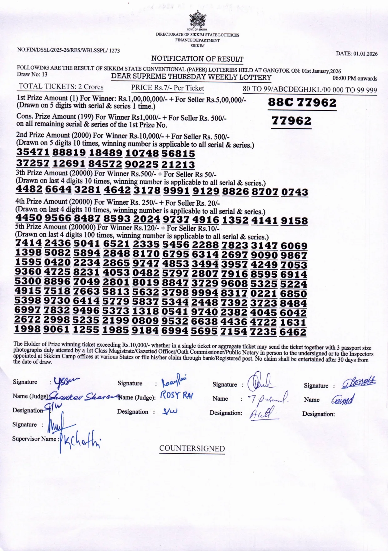 Dear Lottery result 6PM 01.01.2026