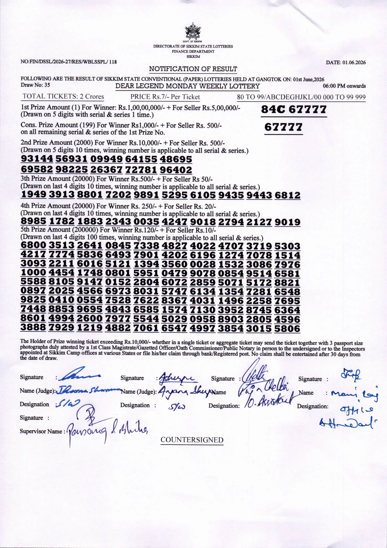 Dear Lottery result 6PM 01.06.2026