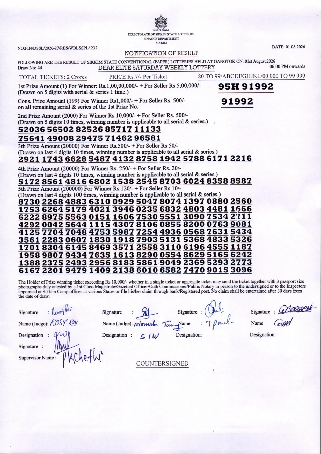 Dear Lottery result 6PM 01.08.2026