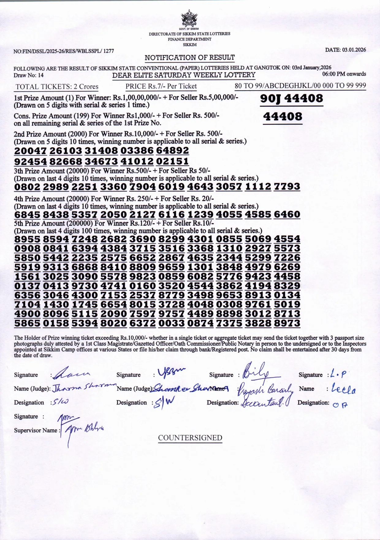 Dear Lottery result 6PM 03.01.2026