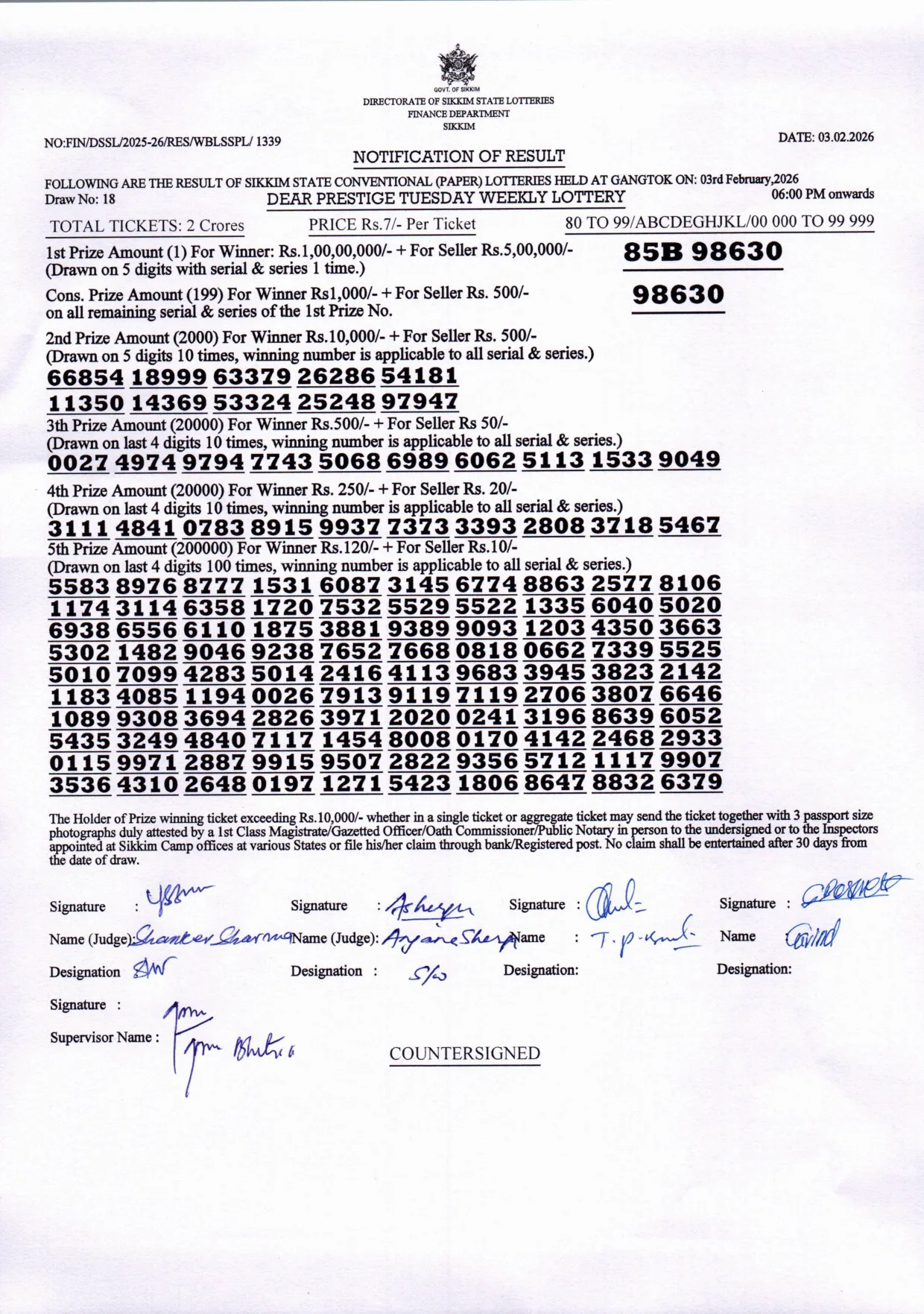 Dear Lottery result 6PM 03.02.2026
