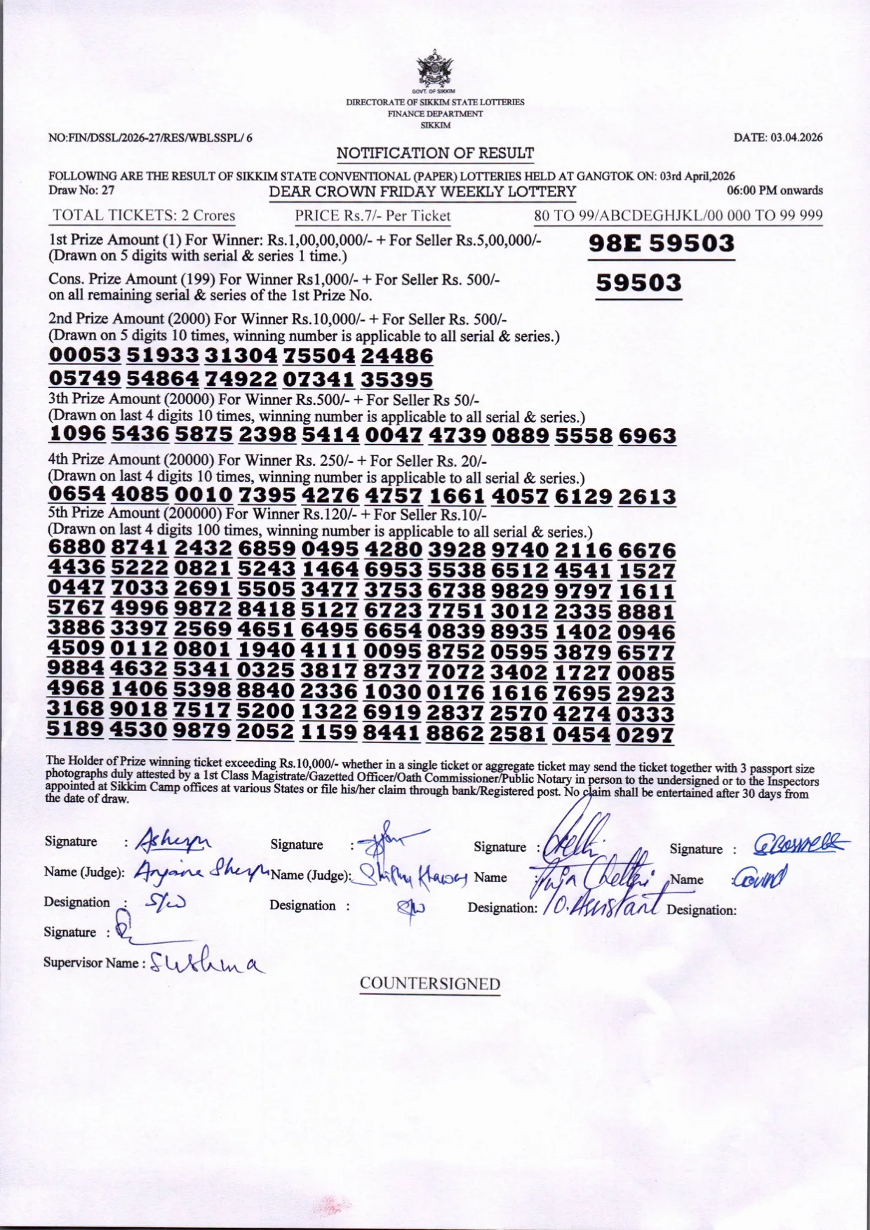 Dear Lottery result 6PM 03.04.2026