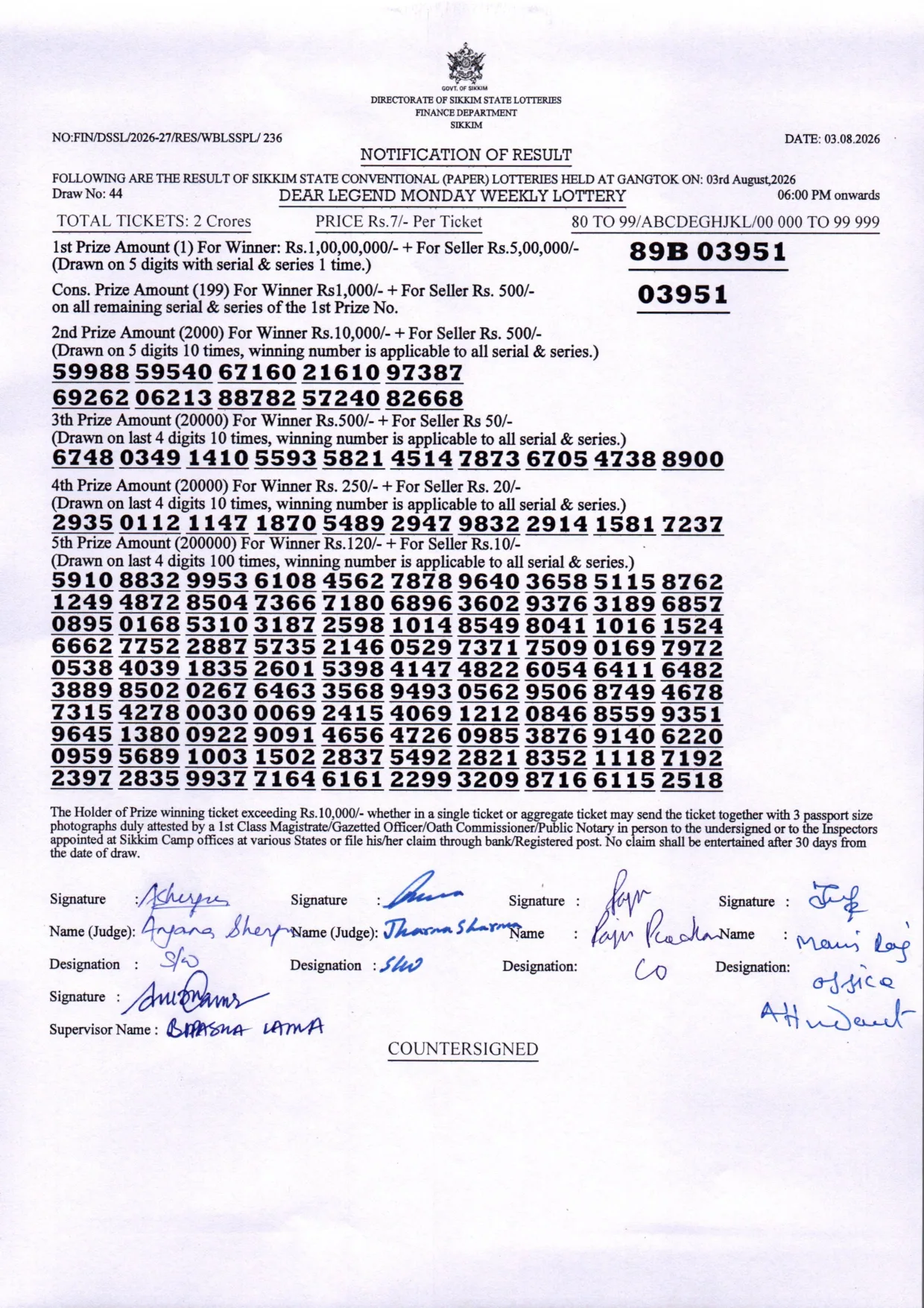 Dear Lottery result 6PM 03.08.2026