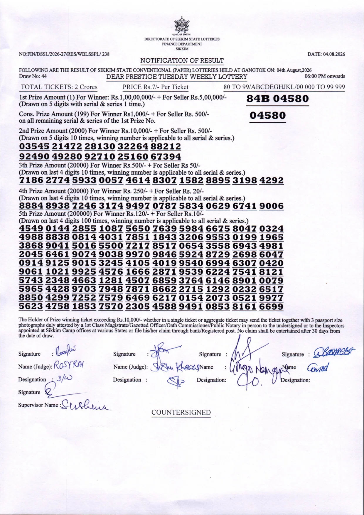 Dear Lottery result 6PM 04.08.2026