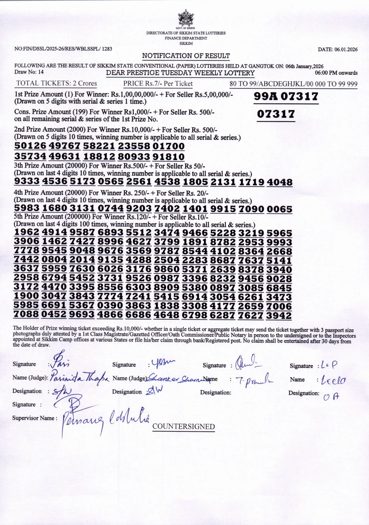 Dear Lottery result 6PM 06.01.2026