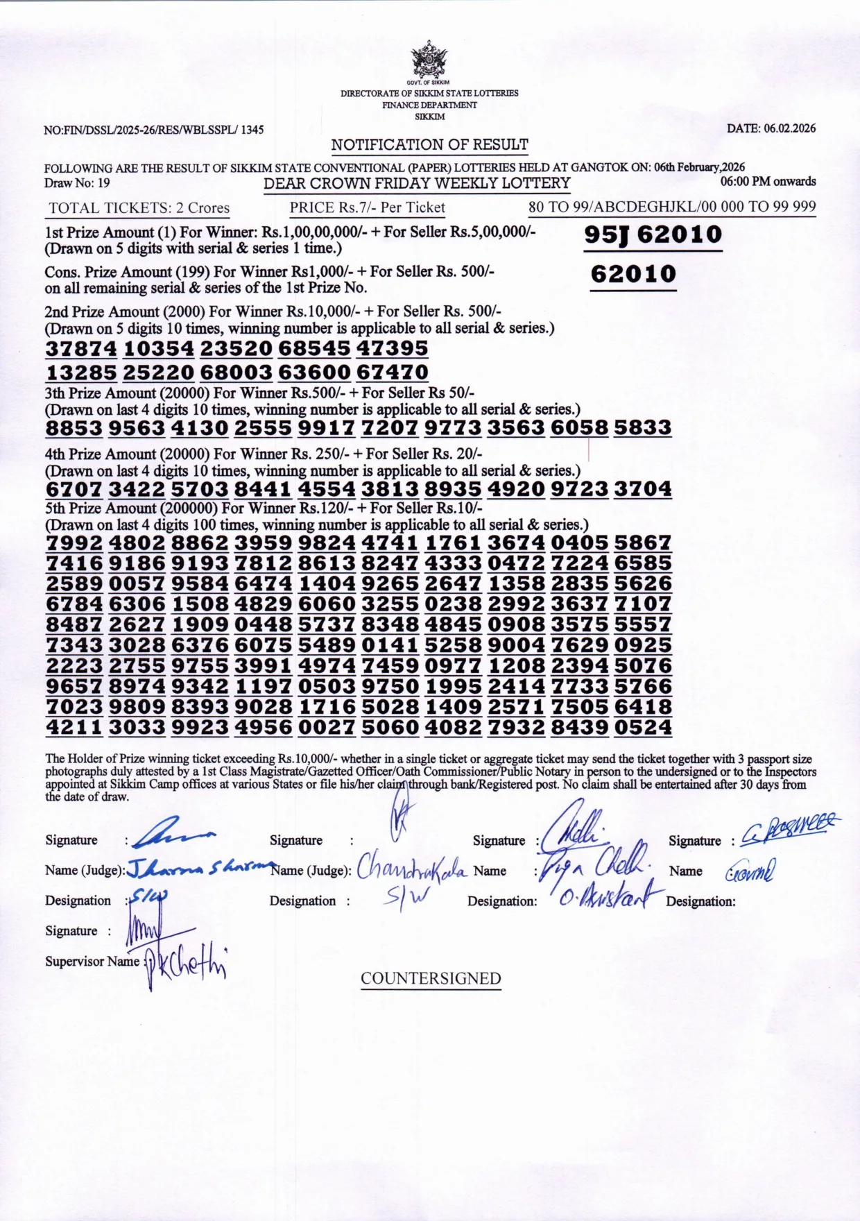 Dear Lottery result 6PM 06.02.2026