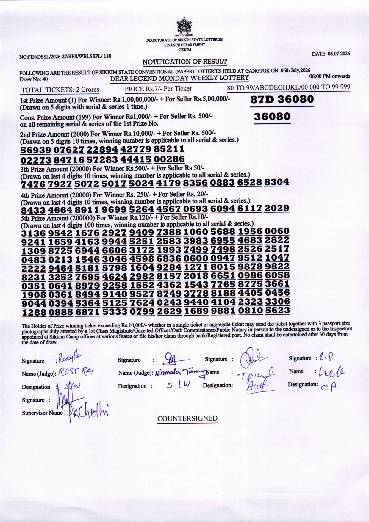 Dear Lottery result 6PM 06.07.2026