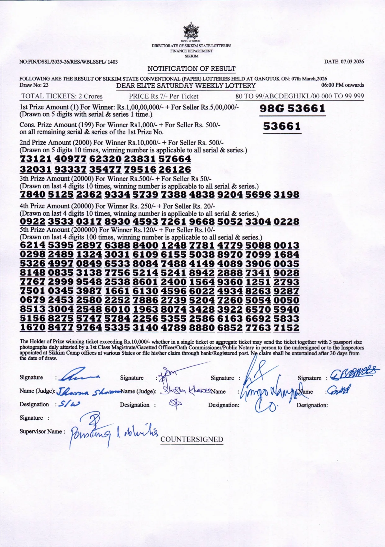 Dear Lottery result 6PM 07.03.2026
