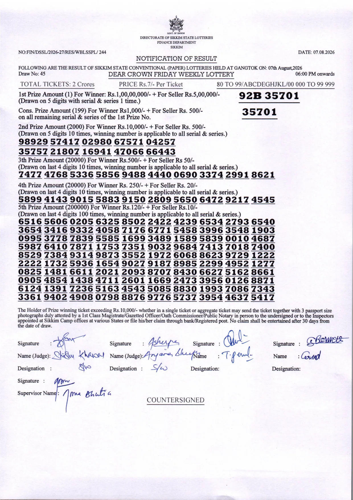 Dear Lottery result 6PM 07.08.2026