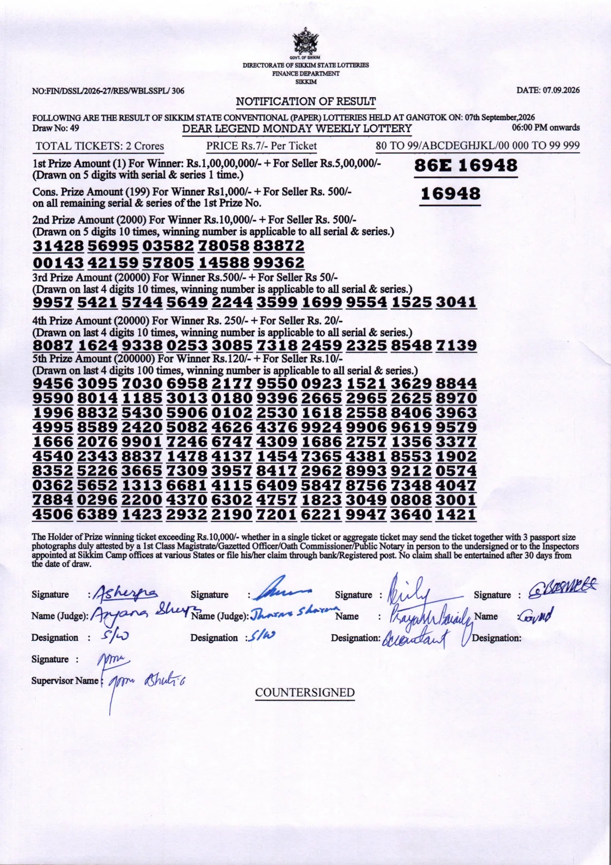 Dear Lottery result 6PM 07.09.2026