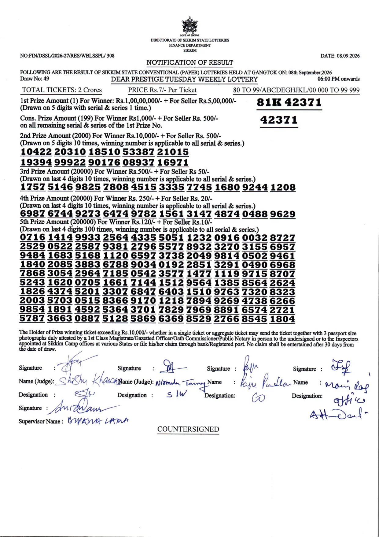 Dear Lottery result 6PM 08.09.2026