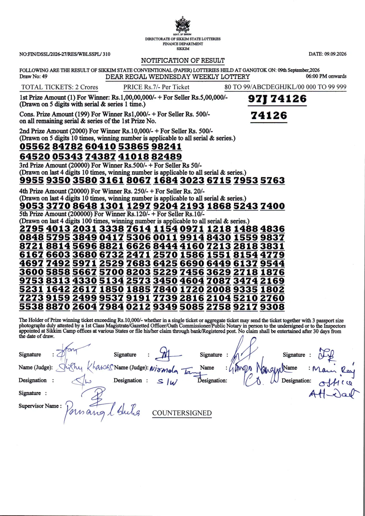 Dear Lottery result 6PM 09.09.2026