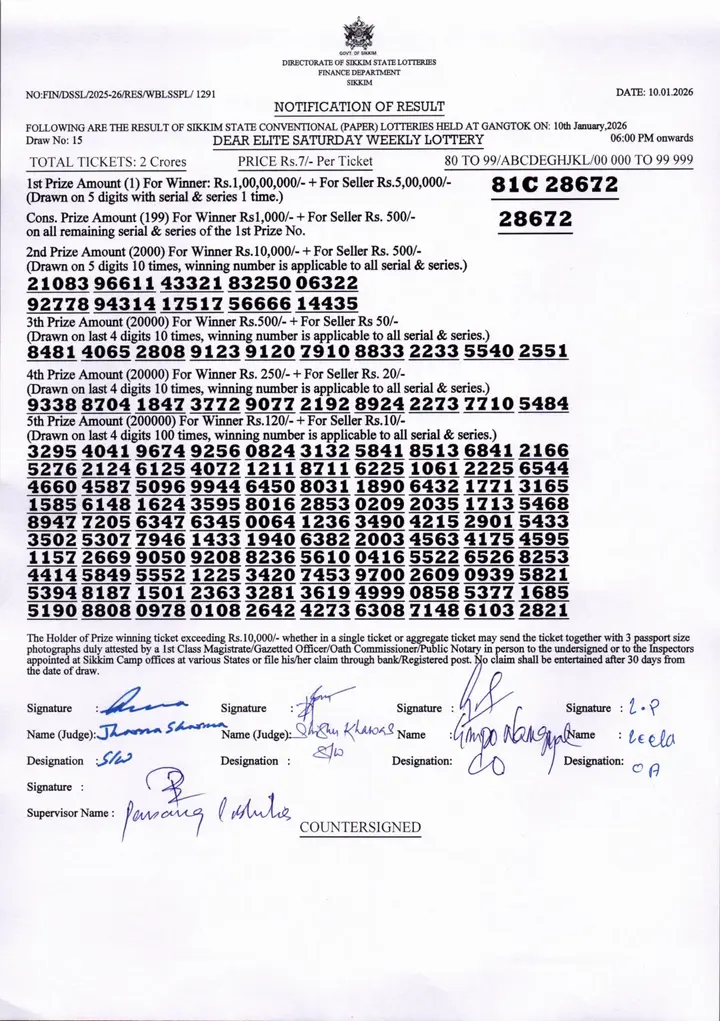 Dear Lottery result 6PM 10.01.2026