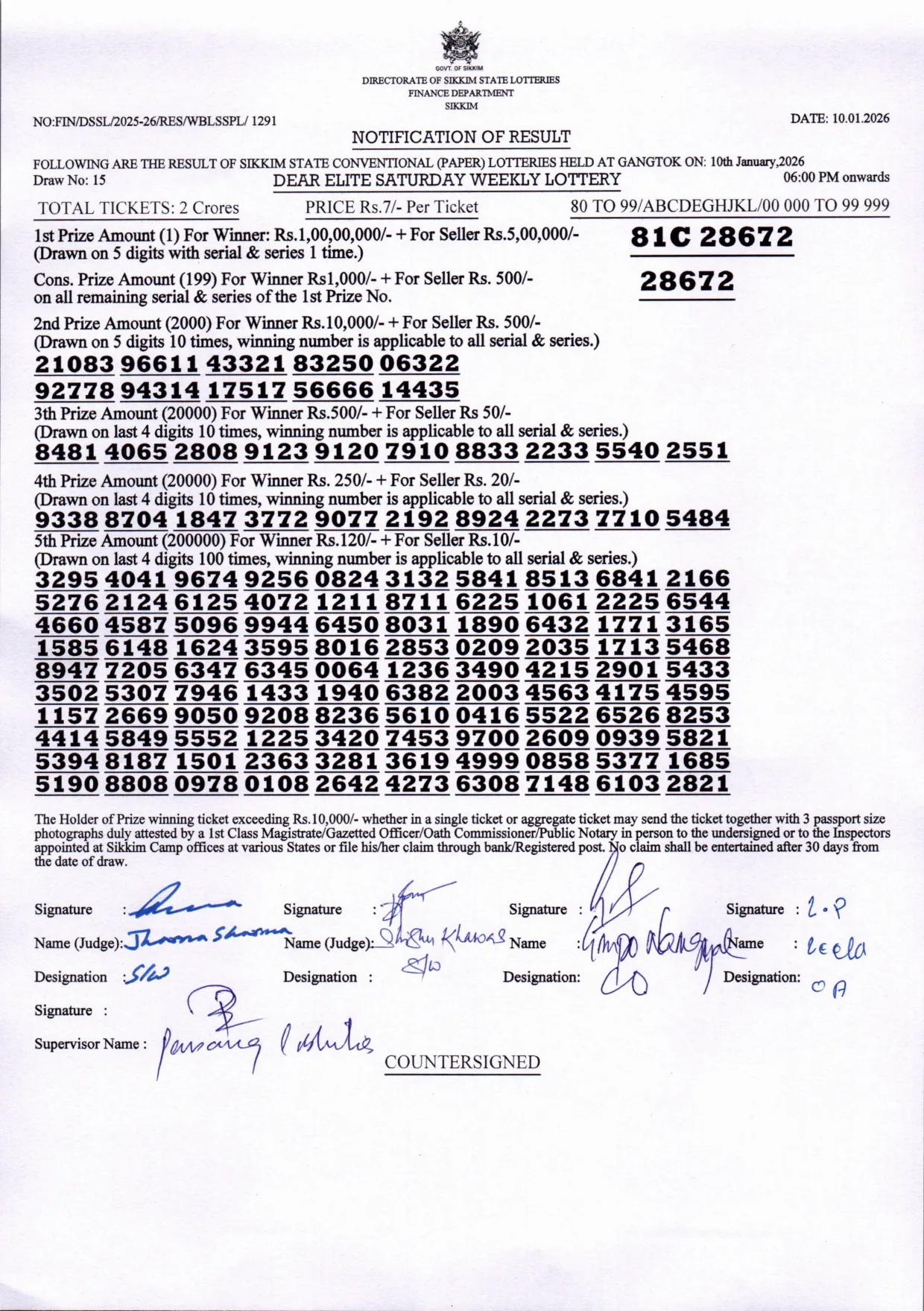 Dear Lottery result 6PM 10.01.2026