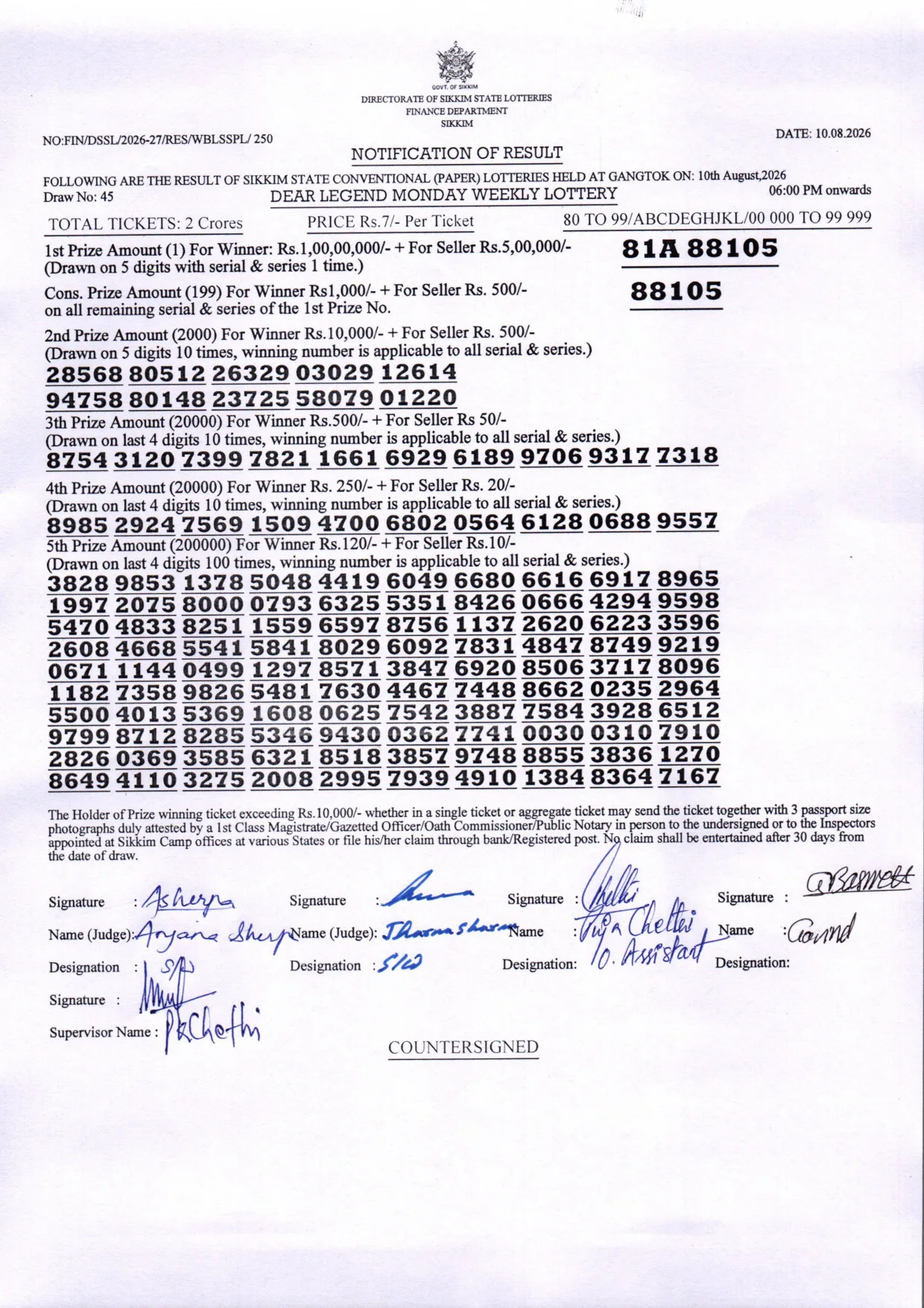 Dear Lottery result 6PM 10.08.2026