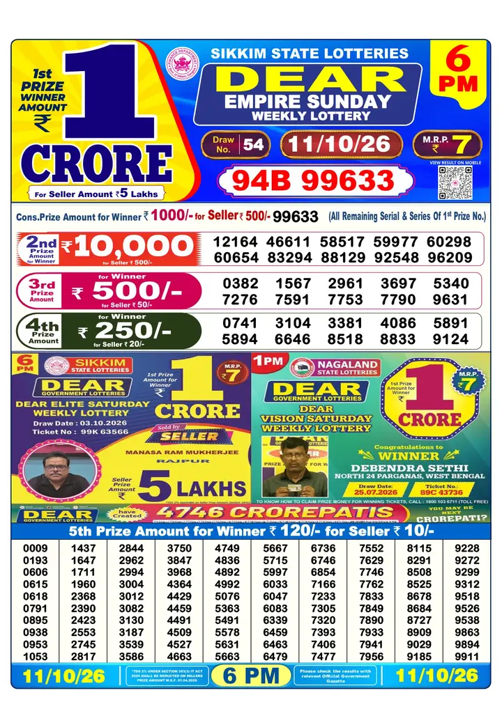 Dear Lottery result 6PM 11.10.2026
