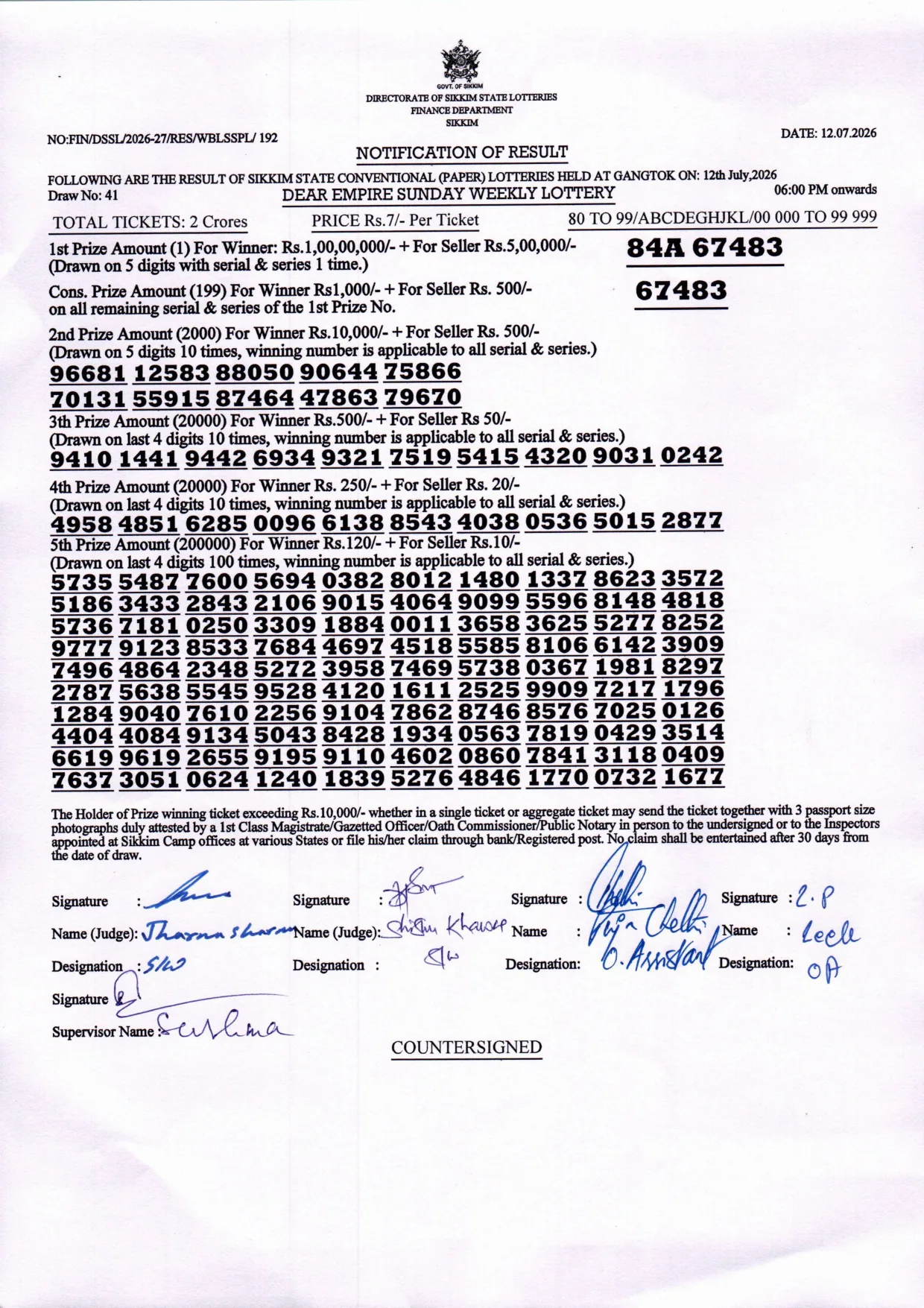 Dear Lottery result 6PM 12.07.2026