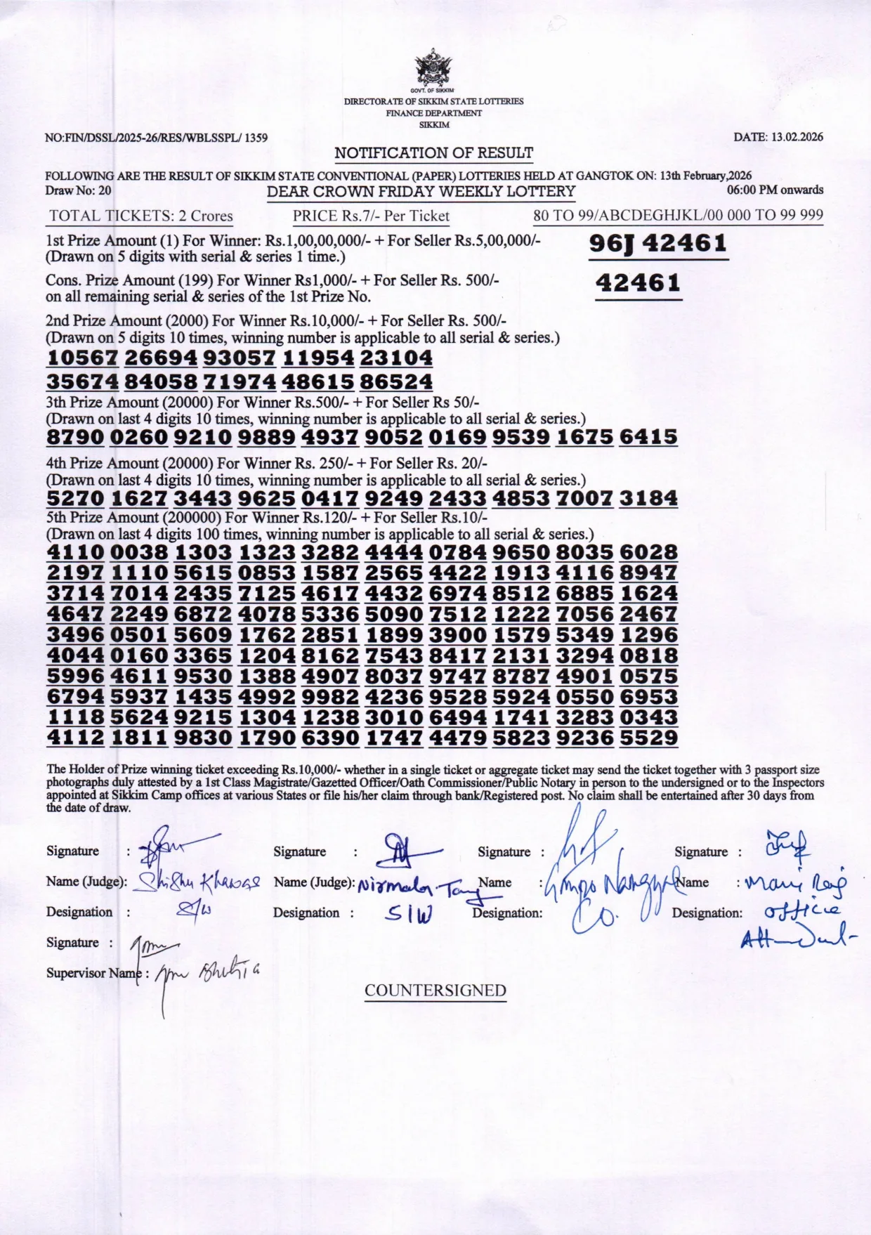 Dear Lottery result 6PM 13.02.2026